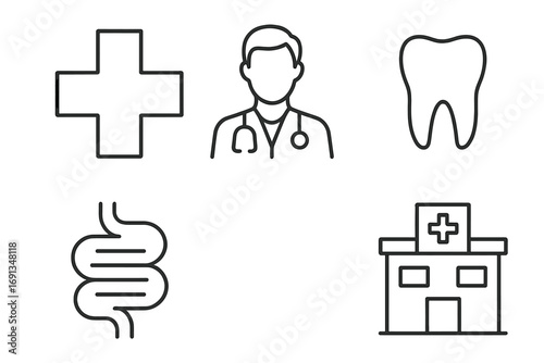 Medical and healthcare line icon set. Simple pictograms of a doctor, clinic, tooth, internal organs, and emergency cross. Minimalist vector symbols for web and mobile apps.
