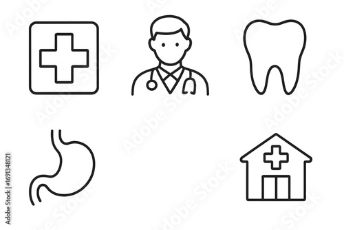 Medical icon set with doctor, tooth, stomach, clinic, and first aid cross. Healthcare line pictograms for web and app design. Health care symbol collection. Editable stroke.