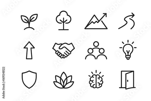 Resilience Icons Set. Outline icon set of resilience and growth: seed sprout, tree, mountain, path, arrow up,