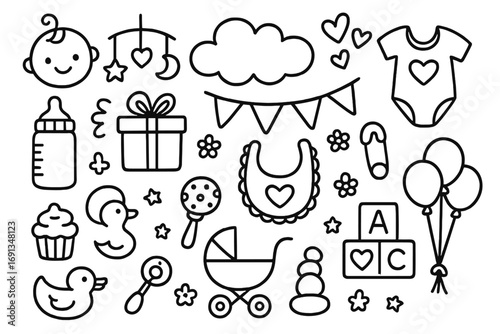 Baby shower doodle icon set. Cute hand drawn vector line art collection for newborn celebration. Cartoon illustration elements like stroller, duck, bottle for kids party design.