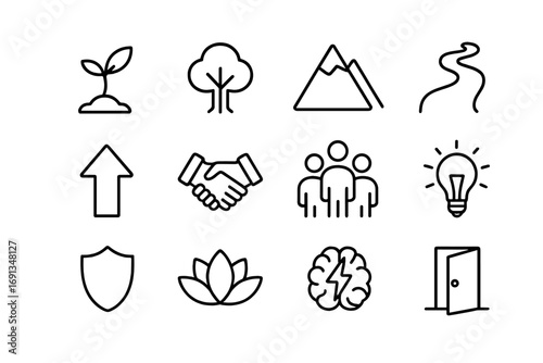 Resilience Icons Set. Outline icon set of resilience and growth: seed sprout, tree, mountain, path, arrow up,