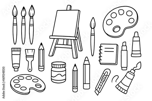 Art tools doodle set. Hand drawn vector line art icons. Creative supplies for artist. Brush, easel, palette, paint, pencil. Workshop, hobby, drawing, painting collection.