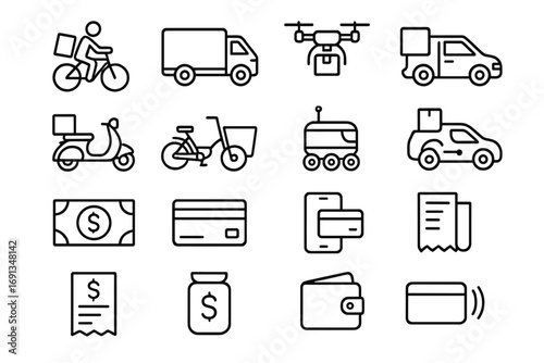 Delivery and Payment Icons. Outline icon set of delivery vehicles: bike courier, van, drone, truck, scooter, cargo bike, delivery