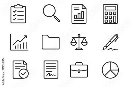 Due Diligence Icons. Outline icon set of due diligence in mergers: checklist, magnifying glass, report