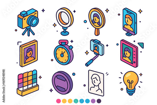 Colorful Photography Icons. Colorful isometric vector icons set of self-portrait photography: camera on tripod, ring light,