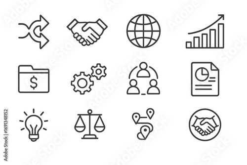 Synergy Planning Icons. Outline icon set of long-term synergy planning: arrows merging, partnership icon,