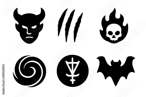 Demonic Icons Grid. Solid, filled icon set of demonic forces: horned demon, claw mark, flame skull, eye of fire, abyss portal,