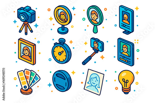 Colorful Photography Icons. Colorful isometric vector icons set of self-portrait photography: camera on tripod, ring light,