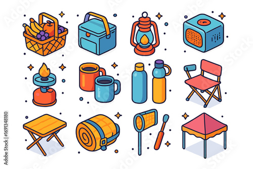 Colorful Picnic Icons. Colorful isometric vector icons set of picnic gear and accessories: picnic basket with fruits, foldable