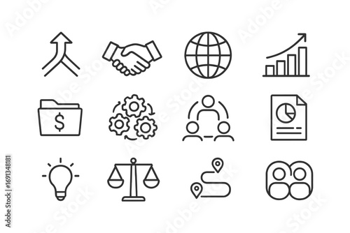 Synergy Planning Icons. Outline icon set of long-term synergy planning: arrows merging, partnership icon,