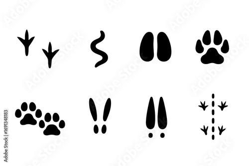 Desert Animal Tracks. Solid, filled icon set of desert animal tracks: lizard footprints, snake slither, scorpion tracks, camel