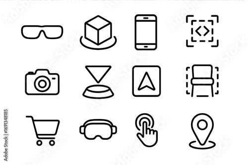 Augmented Reality Icons. Outline icon set of augmented reality: AR glasses, 3D object, smartphone, overlay