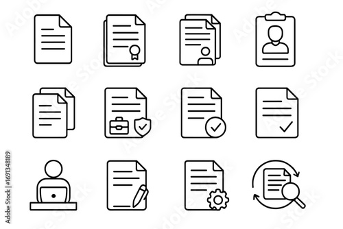 Job document line icon set. Business files, office work, CV, contract, resume, human resources concepts. Editable stroke vector pictograms for web, app, and print.