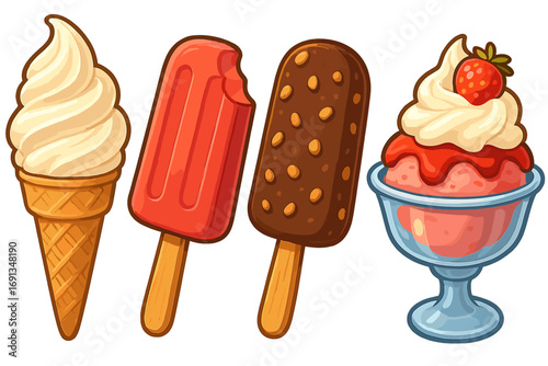 Vector cartoon set of various ice cream treats. 3D illustration of sweet summer desserts including soft serve cone, fruit popsicle, chocolate nut bar, and strawberry sundae.