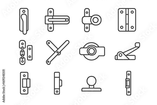 Window Hardware Icons. Outline icon set of multi-purpose window hardware: latch handle, sliding bolt, screw