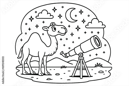 Cute cartoon camel stargazing with a telescope in the desert. Astronomy and exploration concept. Night sky with crescent moon and stars. Vector line art illustration for coloring book.