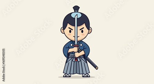Cute chibi samurai warrior holding a katana sword.