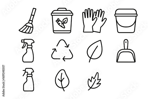 Eco-Friendly Icon Set. Outline icon set of eco-friendly sweeping: bamboo broom, compost bin, reusable gloves,