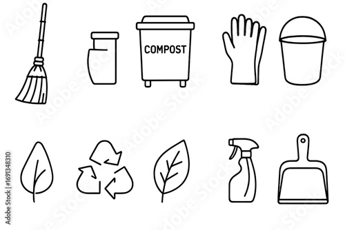 Eco-Friendly Icon Set. Outline icon set of eco-friendly sweeping: bamboo broom, compost bin, reusable gloves,