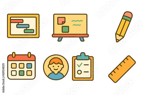 Colorful Planning Icons. Flat vector mini-illustrations Project planning workshop in colors children’s illustrations: Gantt chart,