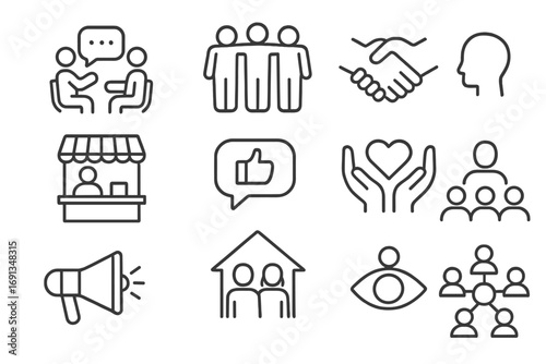 Community Icon Set. Outline icon set of community-driven branding: group discussion, teamwork symbol,