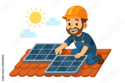 Worker installing solar panels on house roof. Cartoon technician man working on renewable energy. Concept of green power, alternative electricity, sustainability, ecology.
