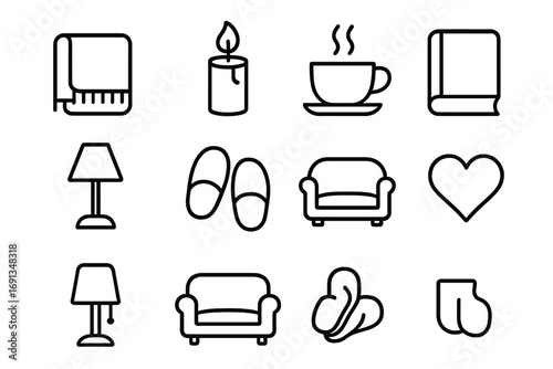 Cozy Evening Icons. Outline icon set of cozy evenings: blanket, candle, tea cup, book, lamp, slippers, sofa,