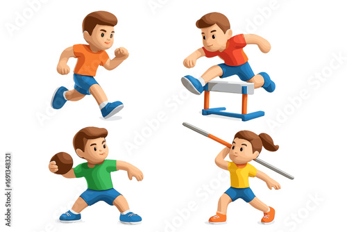 3D icon set of cartoon characters in sports activities. Man and woman running, jumping hurdles, throwing discus and javelin. Track and field athletics competition vector.