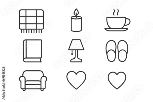 Cozy Evening Icons. Outline icon set of cozy evenings: blanket, candle, tea cup, book, lamp, slippers, sofa,