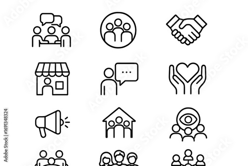 Community Icon Set. Outline icon set of community-driven branding: group discussion, teamwork symbol,