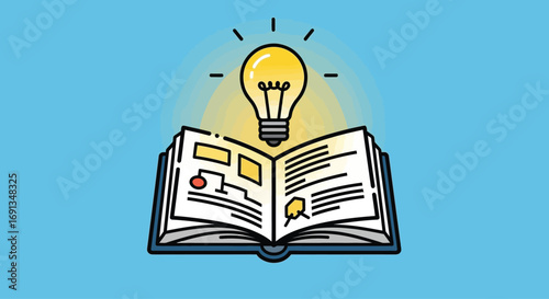 Glowing lightbulb of inspiration hovering over an open book.