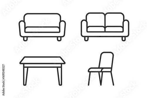 Furniture line icon set. Couch, sofa, loveseat, table, chair outline collection. Simple home interior design elements. Minimalist linear pictogram. Editable stroke vector.