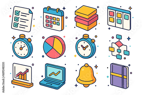 Colorful Productivity Icons. Colorful isometric vector icons set of productivity tools: task checklist, calendar app, sticky notes