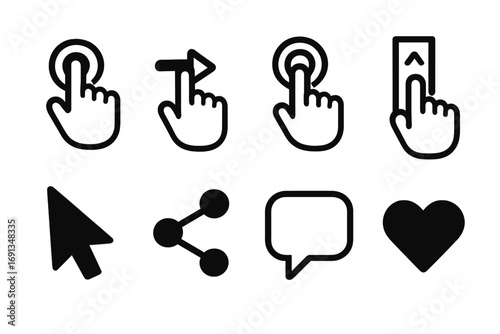 Digital Interaction Icons. Solid, filled icon set of audience interaction: click, swipe, tap, scroll, hover, share, comment, like.