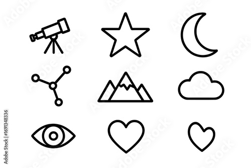 Stargazing Icon Collection. Outline icon set of stargazing nights: telescope, star, moon, constellation,