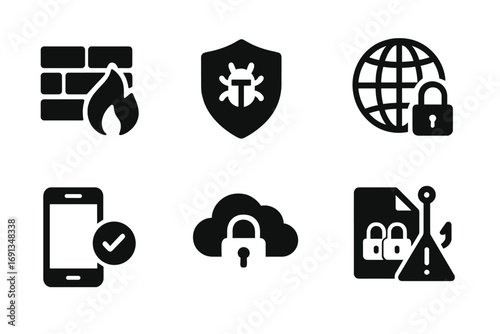 Digital Safety Icons. Solid, filled icon set of digital safety: firewall, antivirus shield, password lock, VPN, two-factor