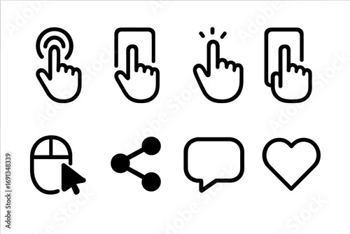 Digital Interaction Icons. Solid, filled icon set of audience interaction: click, swipe, tap, scroll, hover, share, comment, like.