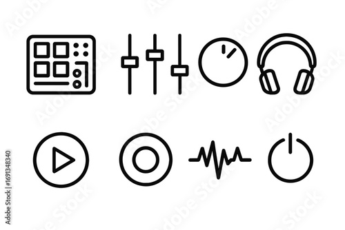 Digital Music Gear Icons. Outline icon set of digital music gear: drum pad, mixer slider, volume knob, headphones, play button,