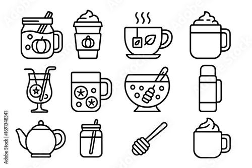 Autumn Drink Icons. Outline icon set of autumn drinks: hot cider, pumpkin spice latte, herbal tea, cocoa mug,