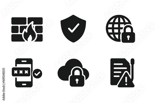 Digital Safety Icons. Solid, filled icon set of digital safety: firewall, antivirus shield, password lock, VPN, two-factor