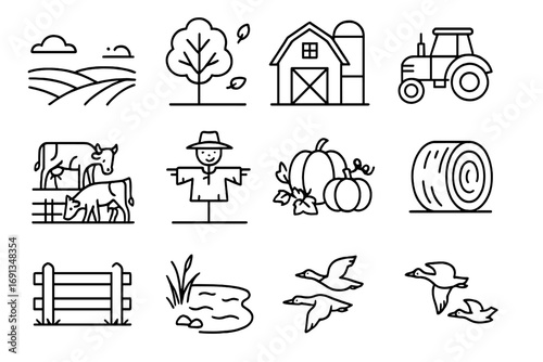 Autumn Rural Icons. Outline icon set of rural autumn landscape: rolling hills, trees with falling leaves, barn