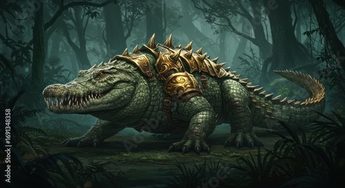A formidable armored fantasy crocodile stalks through the misty, dark depths of an enchanted jungle swamp