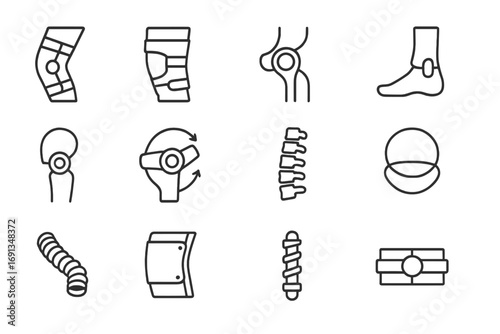 Mobility Protection Icons. Outline icon set of mobility and joint protection: articulated knee joint,
