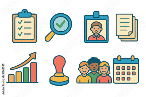 Colorful Quality Audit Icons. Flat vector mini-illustrations Quality audit oversight in colors children's illustrations: clipboard