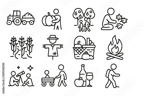 Autumn Activities Icons. Outline icon set of autumn outdoor activities: hayride, pumpkin picking, apple