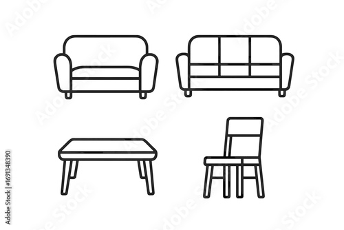 Furniture line icon set. Couch, sofa, table, chair outline pictogram collection. Home interior design elements. Minimalist linear symbols with editable stroke for web, app.