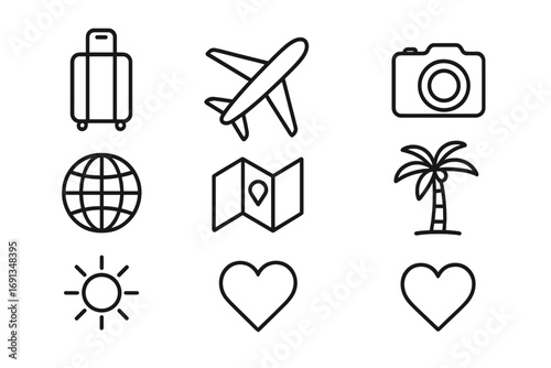 Travel Icons Set. Outline icon set of travel pleasures: suitcase, airplane, camera, globe, map, palm tree, sun