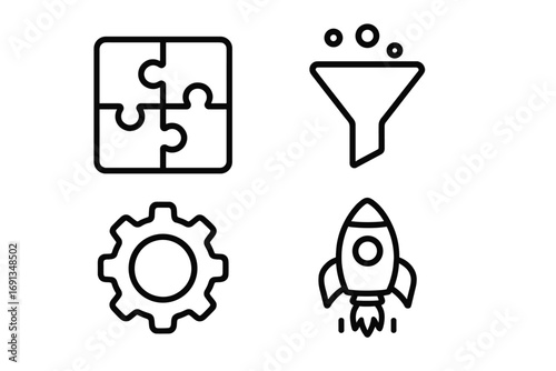 Business strategy and development icon set. Icons for startup launch, data analytics, sales funnel, problem solving. Vector puzzle, gear, rocket. Process and solution.