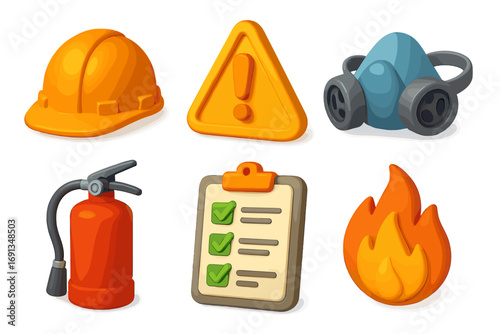 3D safety icon set for workplace safety and fire protection. Emergency concepts. Realistic vector cartoon collection with hard hat, warning sign, respirator, extinguisher, list.