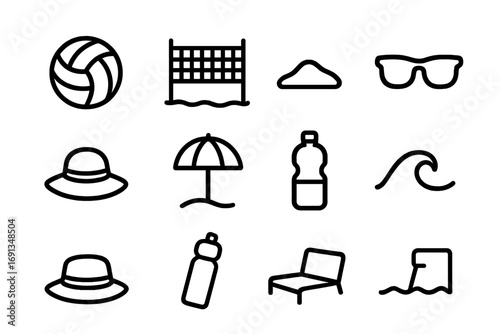 Beach Volleyball Icons. Outline icon set of beach volleyball: volleyball, net, sand, sunglasses, hat, umbrella